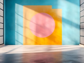 Poster - Minimalist 3D studio with prismatic color gradient backdrop empty concrete floor and wall soft shadow cast from window lighting perfect for product mockup presentation and digital showcase