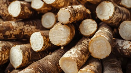 Wall Mural - Close up of cassava background, top view. Photorealistic high resolution macro photography for advertising or food design