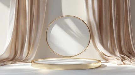 Aufkleber - 3D rendering of a circular podium with gold accents on textured fabric ideal for showcasing luxury cosmetic products in a minimalistic flat lay style
