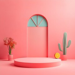 Poster - Minimalist 3D studio scene featuring a dusty rose colored background an empty floor and walls a central product podium and a subtle shadow overlay from natural window lighting