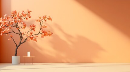 Poster - Minimalist 3D studio scene with pale peach background bare floor and wall product exhibition stand shadow effect from window to table surface
