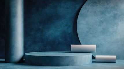Poster - 3D render featuring an abstract modern blue background with an empty cylindrical podium a vacant pedestal for product display and round stage elements alongside rolled paper