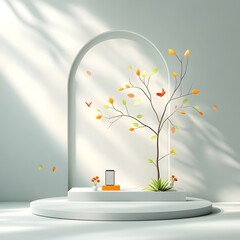 Poster - Minimalist 3D studio setting with a clean gray backdrop simple floor and wall central product display podium soft shadows from window light and a digital product mockup