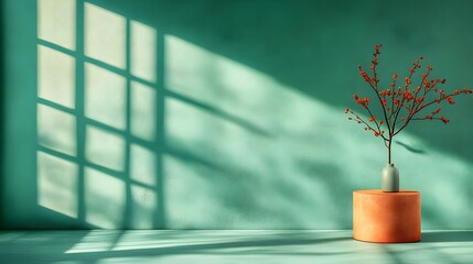 Poster - Minimalist 3D studio space with celadon green walls and floor empty product display podium situated under warm