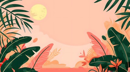 Wall Mural - Tropical Leaves With Pink Background And Sun