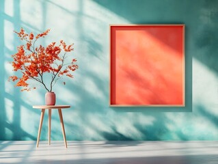 Poster - Sleek and modern 3D studio space with a striking coral pink backdrop featuring a sleek product pedestal on an empty floor and dramatic lighting casting dramatic shadows on the table