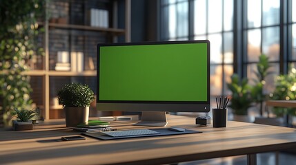 Aufkleber - A modern workspace featuring a desktop computer with a green screen, surrounded by plants and stationary, in a bright, sunlit room.