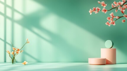 Poster - Minimalist and Elegant 3D Studio Room with Sage Green Background Empty Floor and Wall and a Sunlit Podium for Product Mockup
