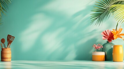 Poster - Product Mockup Display in Sleek 3D Studio Room with Mint Green Background and Sunlit Overlay  Empty Floor and Wall with Product Podium and Window Shadow Across Countertop Minimalist and Contemporary