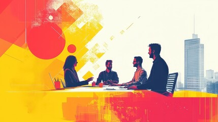 Wall Mural - Modern Office Collaboration: Diverse Team in Graphic Poster Style Minimalist Illustration