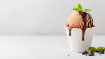 Chocolate ice cream with drizzled chocolate syrup, white marble background