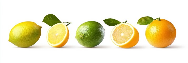 Canvas Print - A collection of fresh citrus fruits, including lemons, limes, and oranges, isolated on a white background. The fruits are presented whole and in half, showcasing their vibrant colors and juicy interio