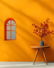 Poster - Moody 3D studio environment with warm yellow backdrop empty table and shelves for product showcase dramatic shadows from window illumination glowing mockup design for minimal elegant presentation