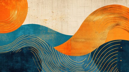 Leinwandbilder - Abstract geometric art featuring orange and blue vector patterns modern design with hand drawn lines and gold texture elements