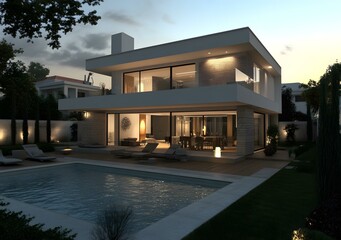 Modern House with Swimming Pool at Night