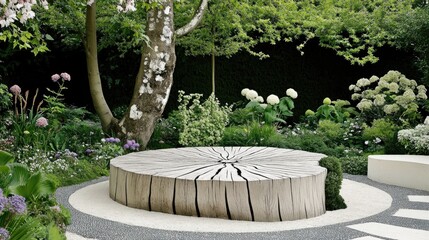 Aufkleber - Circular Wooden Tree Stump in a Garden Setting