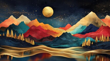 Aufkleber - 3D modern art mural featuring a vibrant night landscape with colorful mountains a dark backdrop a golden moon shimmering trees and flowing gold waves