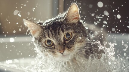 Poster - Playful Cat Splashing in Water