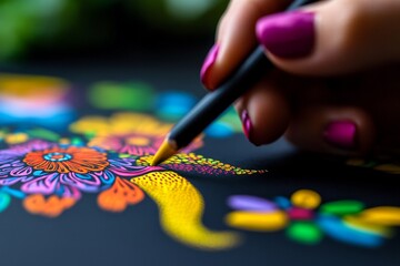 Wall Mural - A hand with pink nail polish delicately draws an intricate elephant illustration with vibrant colors. The detailed art symbolizes creativity, artistry, patience, and the beauty of nature.