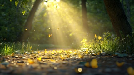 Wall Mural - A magical forest path illuminated by golden sunlight, with butterflies dancing in the air, symbolizing hope, wonder, nature, peace, and tranquility.