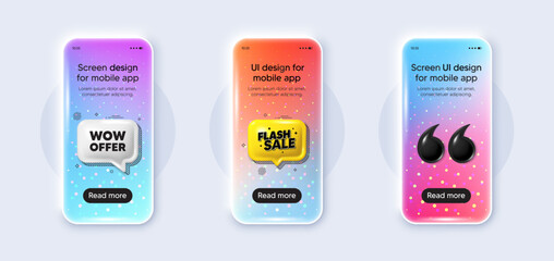 Wall Mural - Phone 3d mockup gradient screen. Wow offer tag. Special Sale price sign. Advertising Discounts symbol. Wow offer phone mockup message. Flash sale chat speech bubble. Yellow text box app. Vector