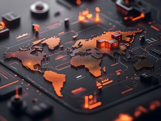 Poster - Holographic 3D projection of an AI driven global logistics and transportation network visualizing international trade routes data flows