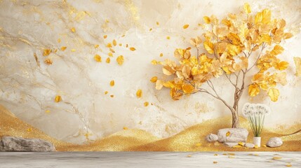 Leinwandbilder - 3D mural wallpaper featuring decorative leaves dandelions and a golden tree set against a splash of gold marble background perfect for canvas or carpet wall decor