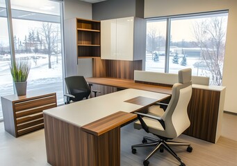 Modern Office Desk with White Top and Brown Wood Base