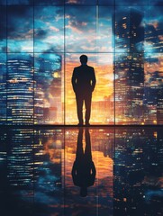 Wall Mural - A powerful silhouette of a business analyst looking out over a vibrant city skyline, reflecting on their achievements and visualizing future aspirations. This image captures the essence of ambition, d