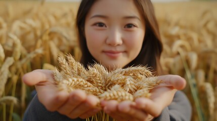 Sticker - Woman is holding a handful of wheat in her hands. The wheat is golden and he is freshly harvested. The woman has a smile on her face, and the scene conveys a sense of joy and abundance