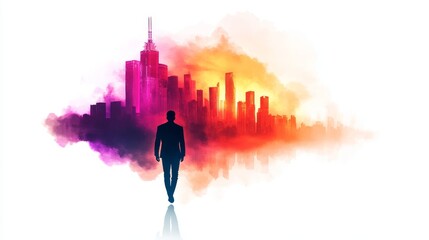 Wall Mural - A silhouette of a man walking towards a futuristic cityscape  in watercolor, representing ambition, progress, and the pursuit of dreams.