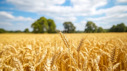 Canvas Print - A stunning view of a golden wheat field, reaching toward a clear blue sky with fluffy clouds, with several trees in the background. This image symbolizes abundance, harvest, nature, growth, and tranqu