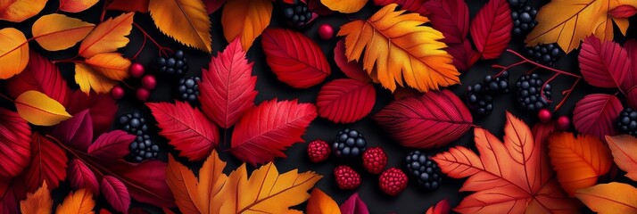 Canvas Print - A vibrant autumnal composition featuring a mix of red, orange, and yellow leaves, along with blackberries and red berries. The image represents the beauty of nature, the changing seasons, and the harv