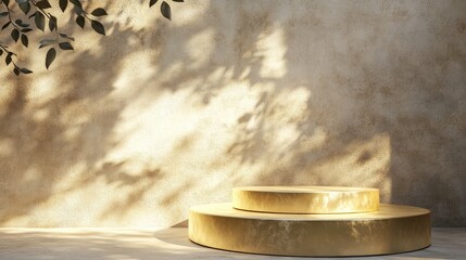 Poster - 3D rendering of a two tier round glossy gold podium illuminated by dappled sunlight with leaf shadows cast on a beige concrete abstract wall creating a luxurious backdrop for displaying beauty and