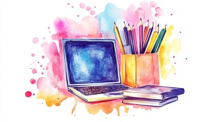 Canvas Print - A vibrant watercolor illustration depicting a laptop, books, and a pencil holder, symbolizing the tools of education, learning, and creativity.