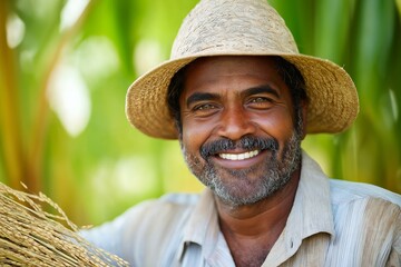 Sticker - Man wearing a straw hat and smiling. He is holding a bundle of straw. Scene is happy and cheerful