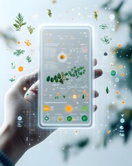 Poster - A person reviewing their daily plant based diet and nutrition data on a smartphone screen surrounded by holographic interface elements and 3D rendered eco friendly icons in a smooth
