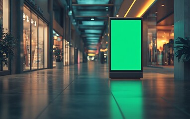 Poster - A digital signage display stands empty in a modern shopping mall corridor, surrounded by stores and illuminated ambient lighting.