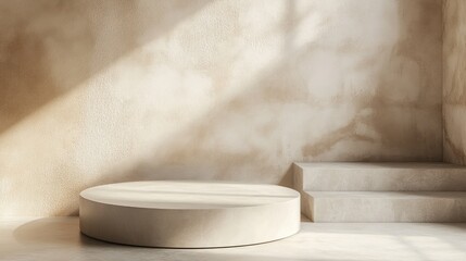 Aufkleber - 3D Render of a soft colored podium in a minimalist studio setting featuring a round pedestal and ample copy space for product presentation