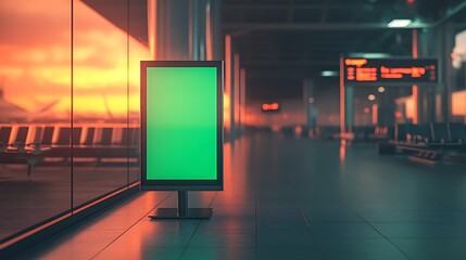 Aufkleber - A modern airport interior features a digital display board and vibrant sunset lighting, creating a serene atmosphere for travelers.