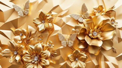 Poster - 3D gold flower wallpaper design featuring geometric backgrounds brooch style flowers butterflies and diamond accents for an elegant mural presentation