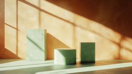 Aufkleber - 3D rendering of a modern minimal display featuring an empty podium and abstract green geometric shapes set against a terracotta background illuminated by sunlight rays