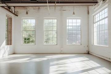 Canvas Print - Empty White Brick Wall Room with Windows