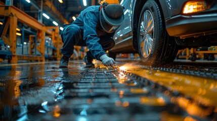 Aufkleber - A man in a blue jumpsuit is working on a car