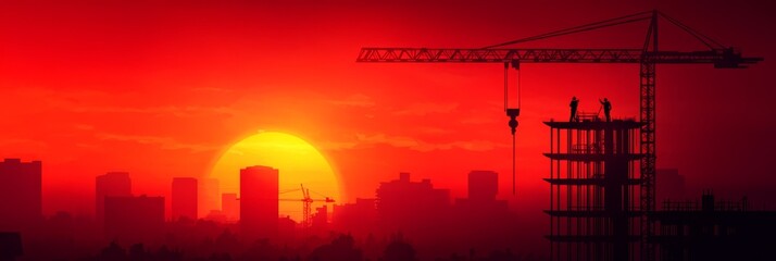 Canvas Print - Construction Workers Building a Skyscraper at Sunset,  Silhouettes of workers, crane, and building against a fiery sunset, representing hard work, progress, ambition, and the city's skyline.