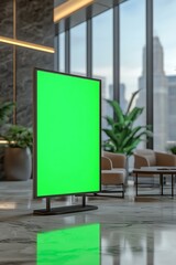 Poster - A modern indoor space featuring a green display screen, surrounded by plants and seating, highlighting a sleek and contemporary design.