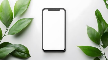 Modern Smartphone with Green Leaves Mockup