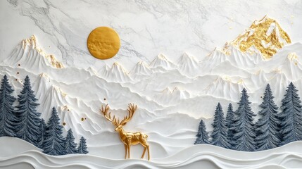 Aufkleber - 3D modern canvas mural featuring trees and a white marble backdrop with a golden deer festive tree mountains golden sun and vibrant waves