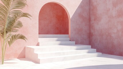 Aufkleber - 3D rendering of a white and pink podium in a square featuring geometric stair shapes and an arch design
