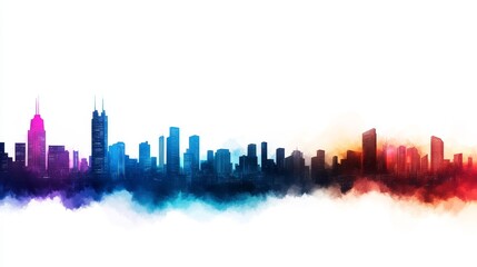 Futuristic Cityscape Watercolor Illustration, a vibrant and abstract depiction of a modern city skyline with a colorful watercolor background, symbolizing growth, innovation, and progress.